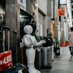 AI - robot standing near luggage bags
