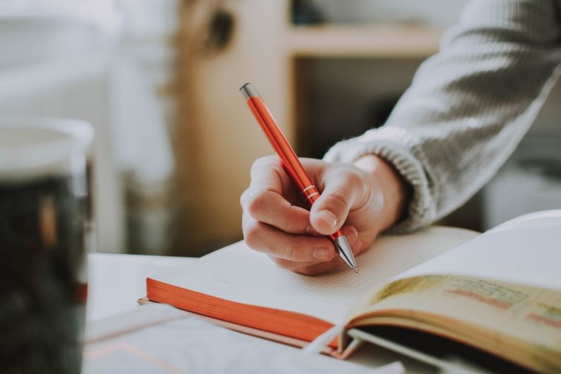 Journaling - person holding on red pen while writing on book