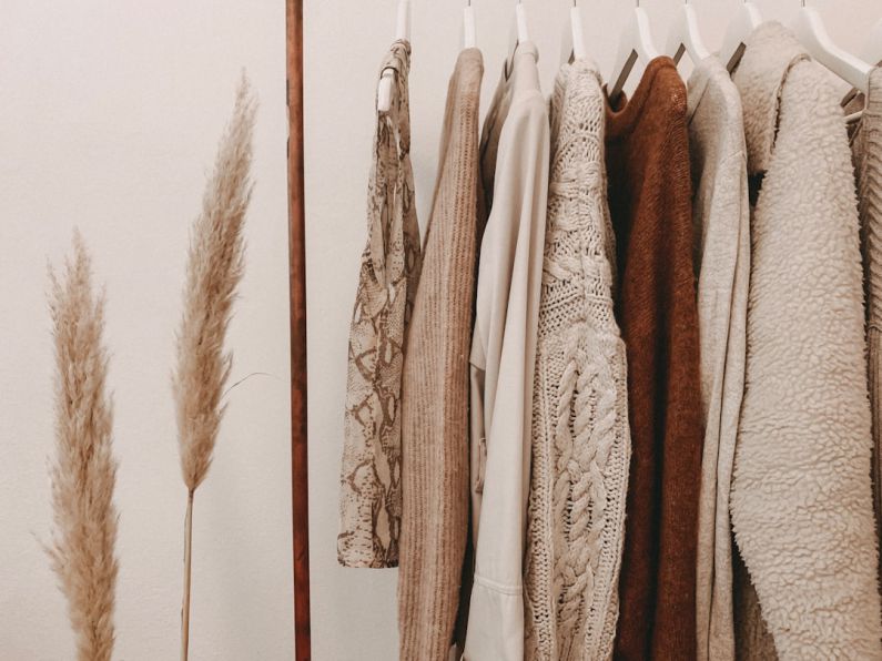 Wardrobe - hanged top on brown and white clothes horse