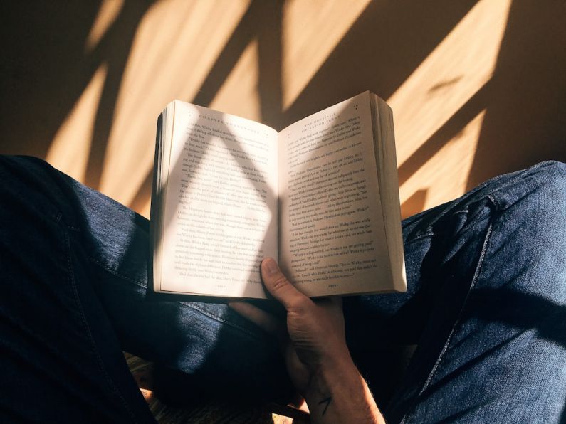 Reading - person holding book sitting on brown surface